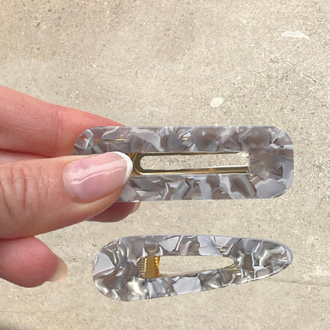 Marbled Grey Resin Hair Clips - Set of 2